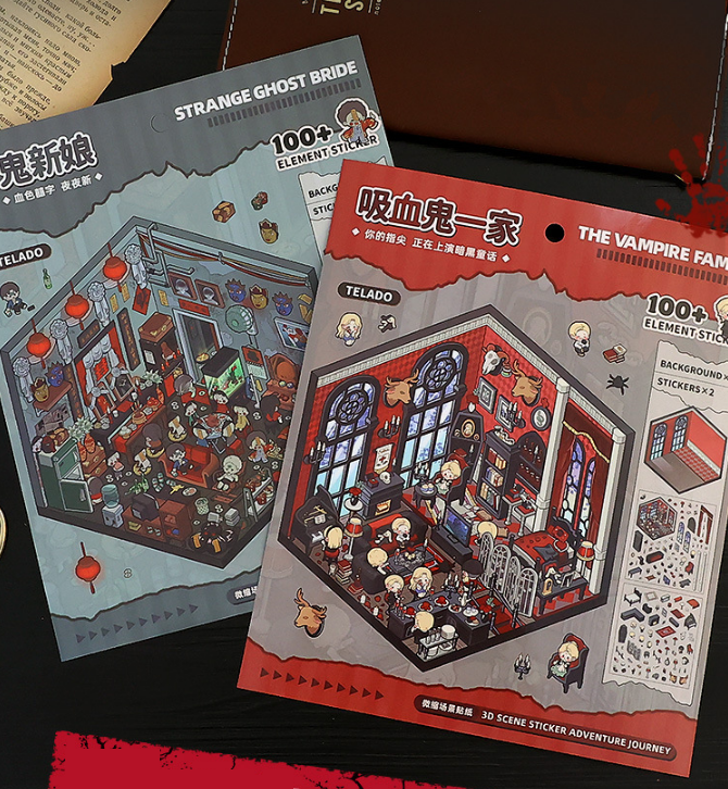 [Magic Journey Through the Middle Ages] 3D Miniature Theme Scene Stickers Collection Book, Creative Crafting, Stress Relief, Ideal for DIY projects and home decor Ornaments,vampire knife adventure journey theme