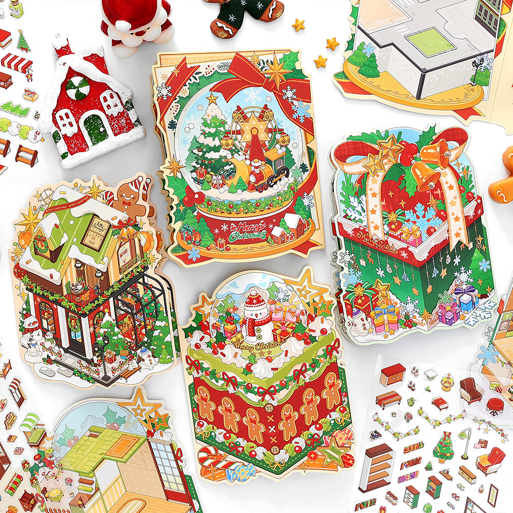 The Magic Of Santa Series | Christmas Xmas 3D Scene Stickers for DIY | Vintage Winter Village Scene Sticker for Junk Journaling