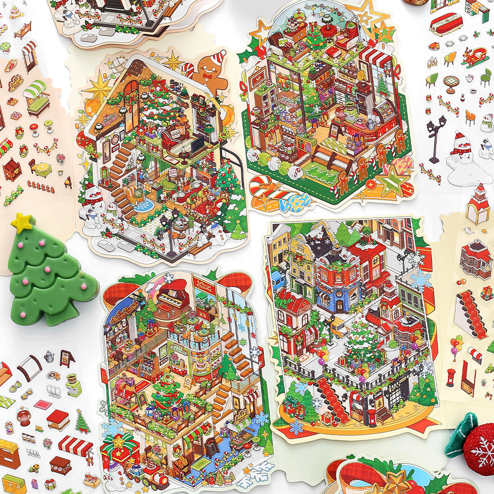 The Magic Of Santa Series | Christmas Xmas 3D Scene Stickers for DIY | Vintage Winter Village Scene Sticker for Junk Journaling