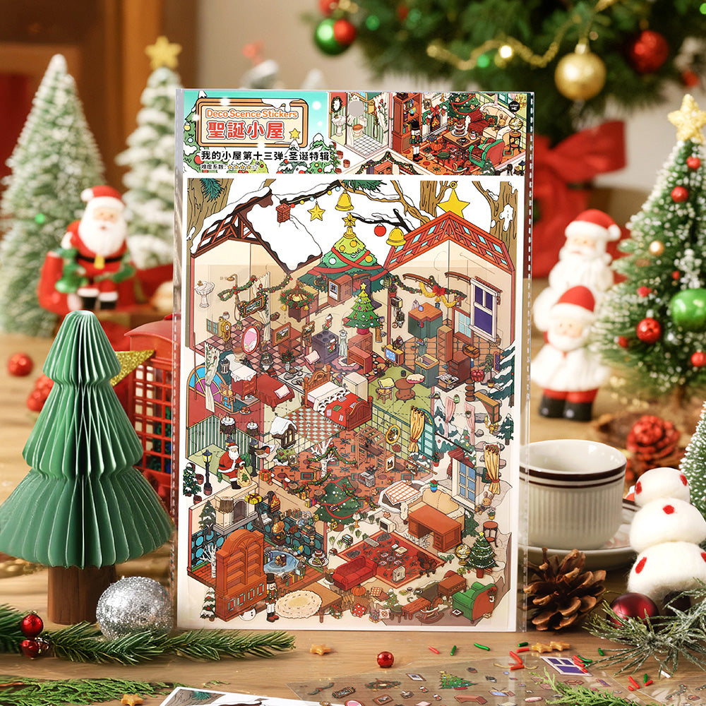 Cozy Christmas Cabin 3D Scene Stickers | Holiday Scrapbook Decals | DIY