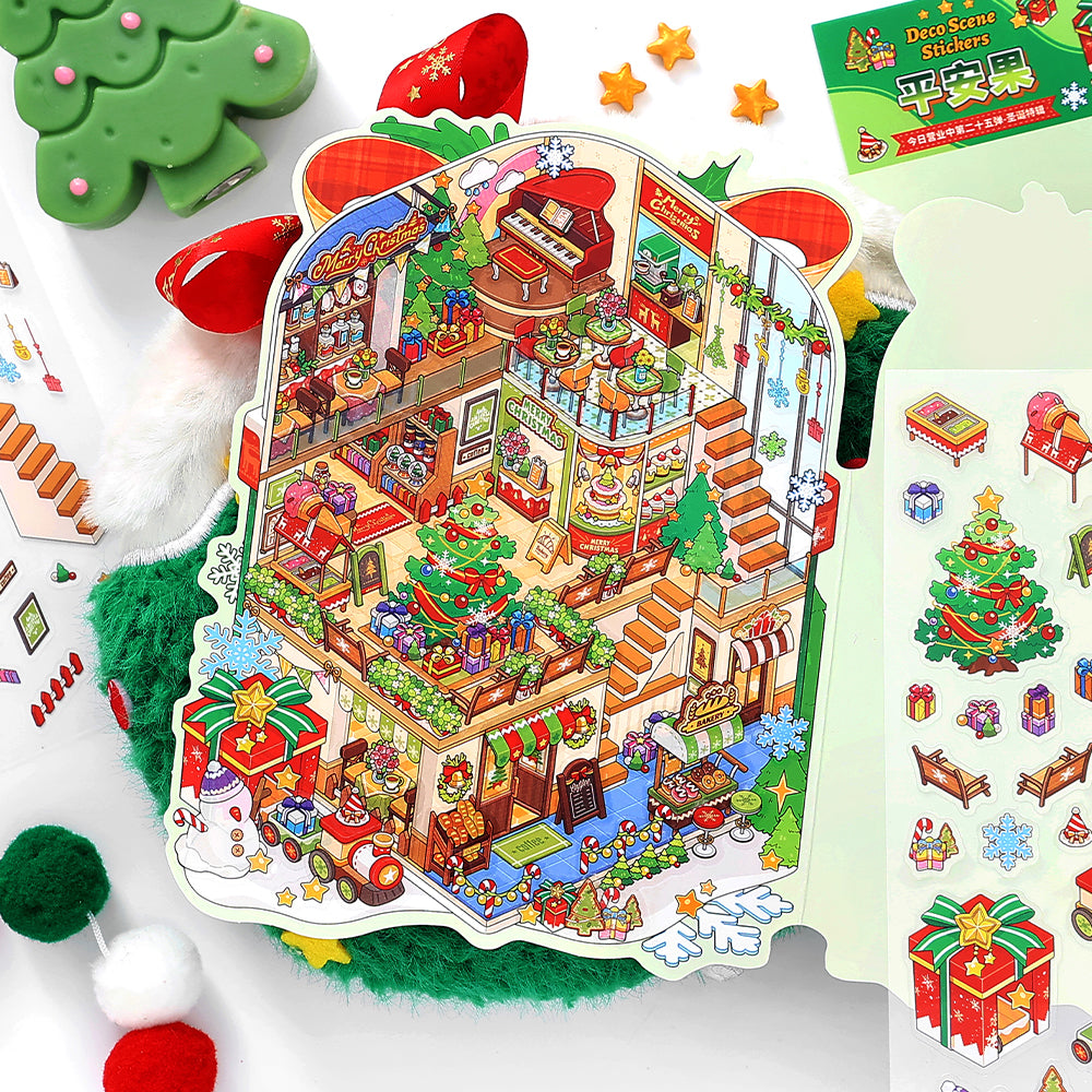 The Magic Of Santa Series | Christmas Xmas 3D Scene Stickers for DIY | Vintage Winter Village Scene Sticker for Junk Journaling