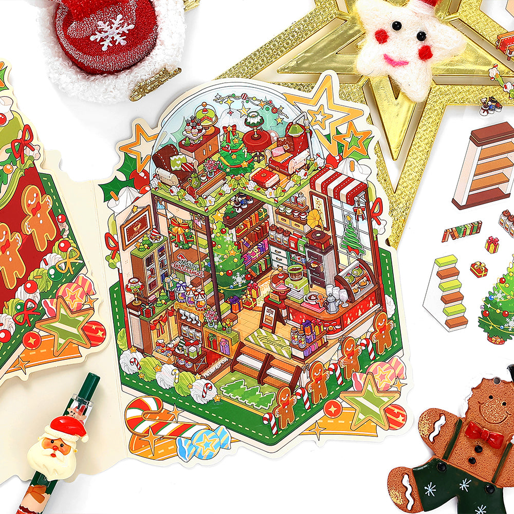 The Magic Of Santa Series | Christmas Xmas 3D Scene Stickers for DIY | Vintage Winter Village Scene Sticker for Junk Journaling