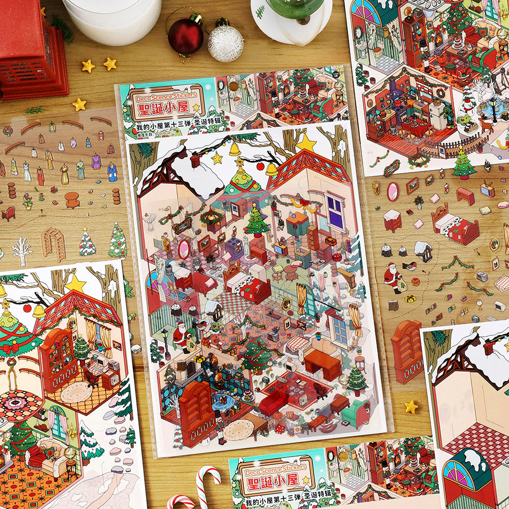 Cozy Christmas Cabin 3D Scene Stickers | Holiday Scrapbook Decals | DIY