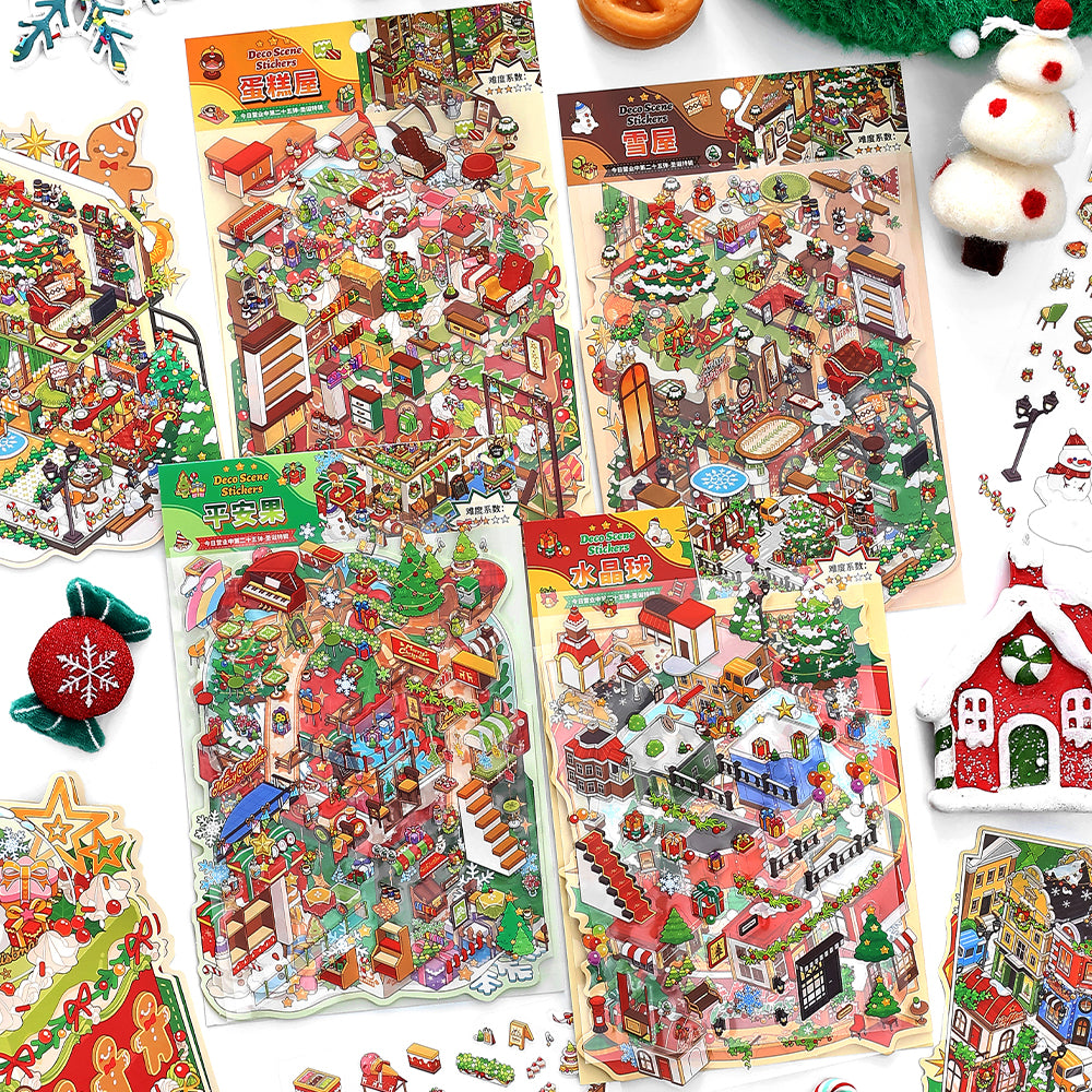 The Magic Of Santa Series | Christmas Xmas 3D Scene Stickers for DIY | Vintage Winter Village Scene Sticker for Junk Journaling