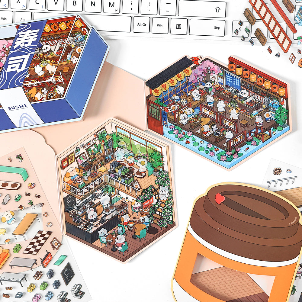 [Coffee shop+Bakery Shop + Dessert Shop + Sushi Shop] 3D Miniature Theme Scene Stickers