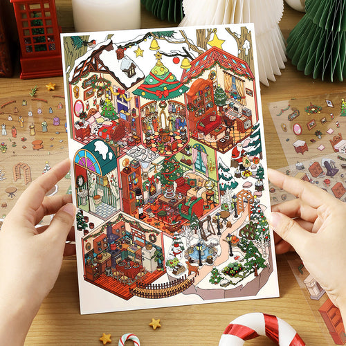 Cozy Christmas Cabin 3D Scene Stickers | Holiday Scrapbook Decals | DIY