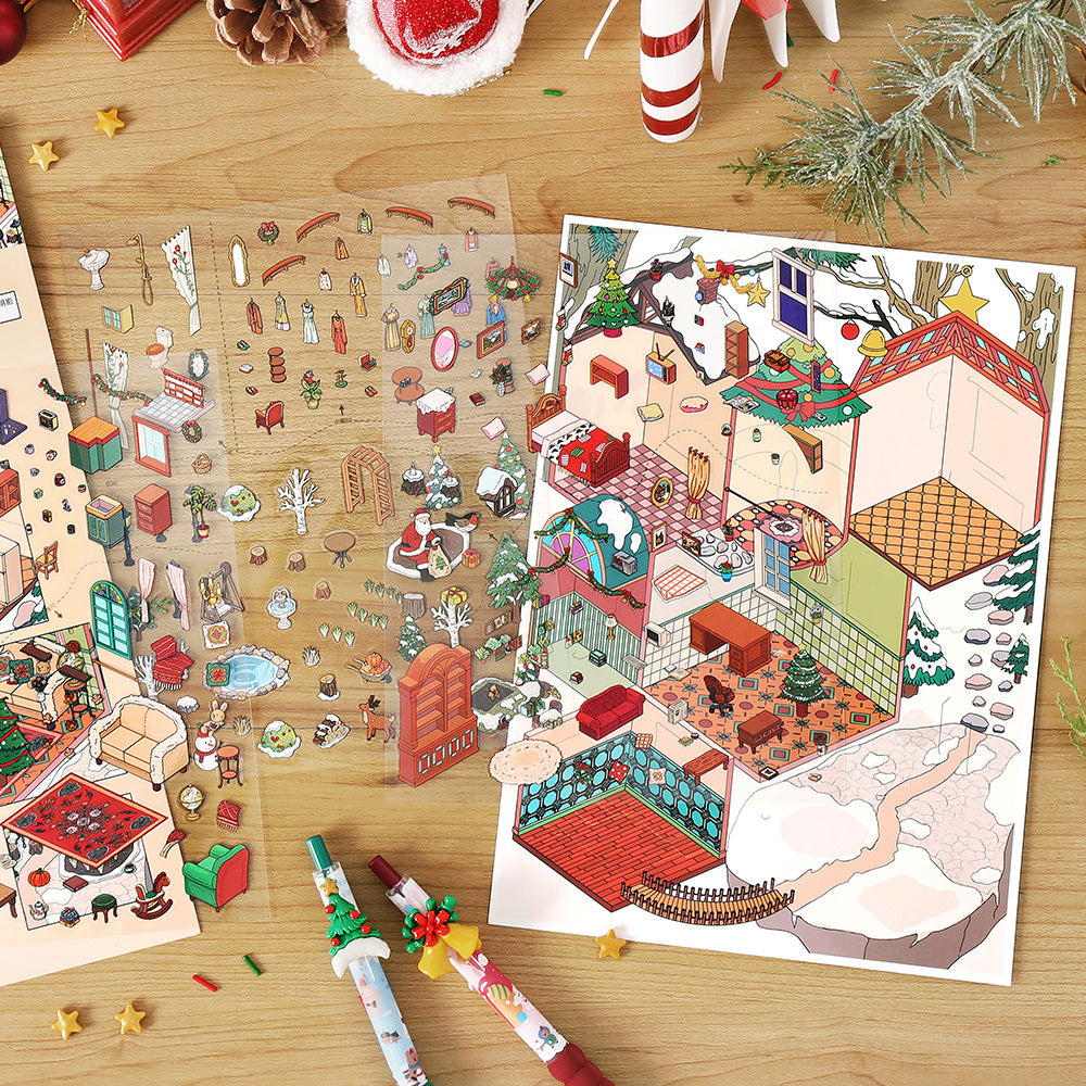 Cozy Christmas Cabin 3D Scene Stickers | Holiday Scrapbook Decals | DIY