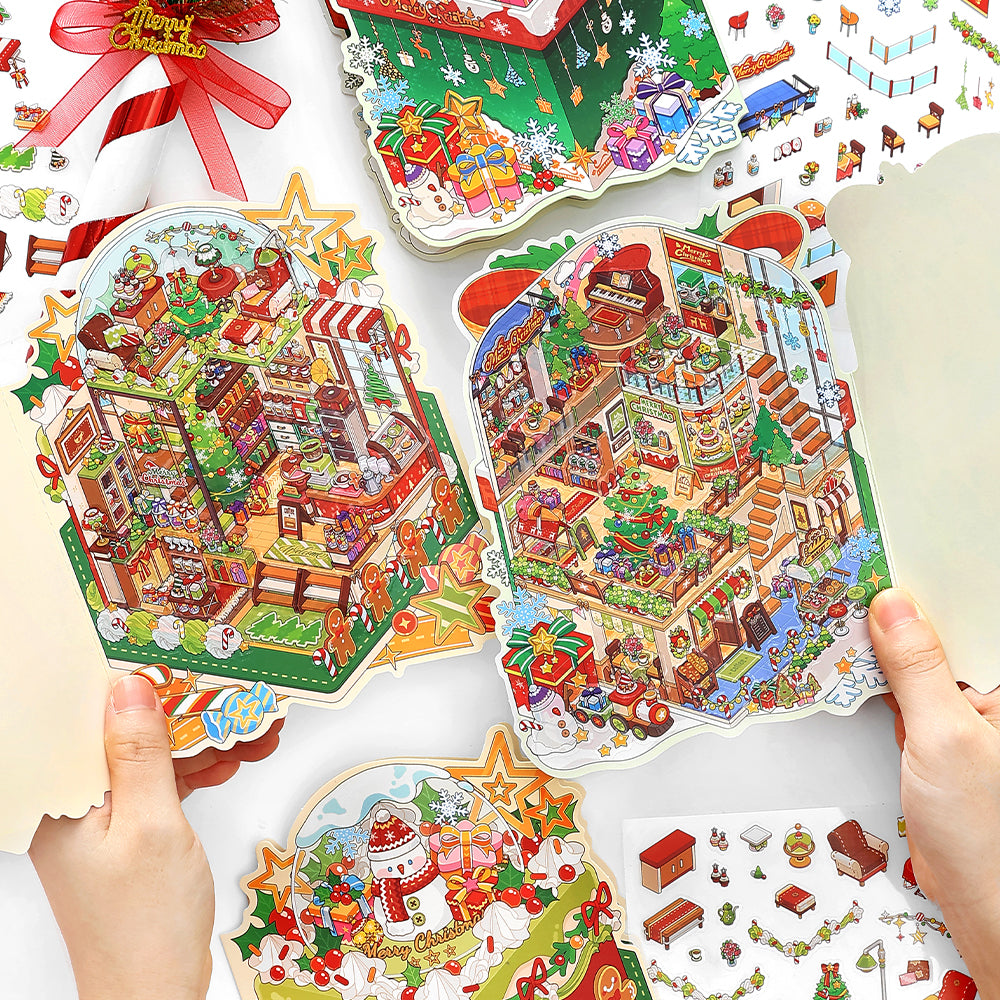 The Magic Of Santa Series | Christmas Xmas 3D Scene Stickers for DIY | Vintage Winter Village Scene Sticker for Junk Journaling