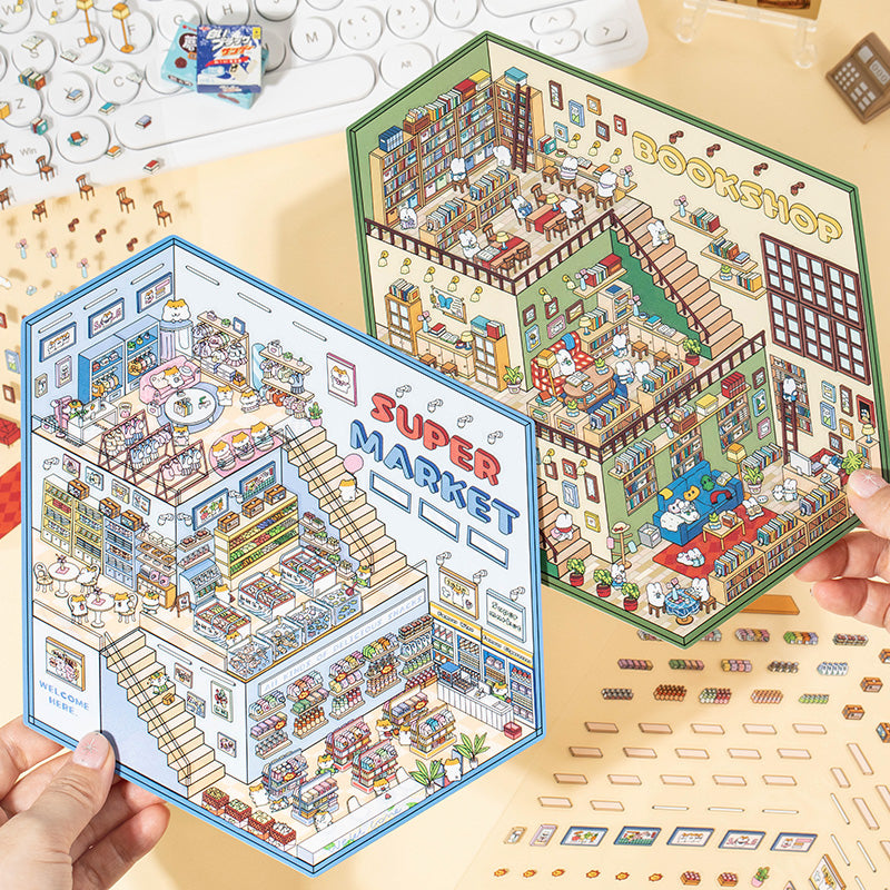2 pieces Book Store and Supermarket 3D scene stickers,DIY Craft,Isometric Sticker Scenes