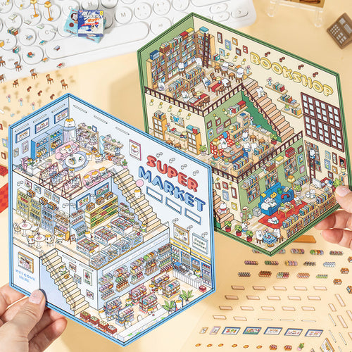 2 pieces Book Store and Supermarket 3D scene stickers,DIY Craft,Isometric Sticker Scenes