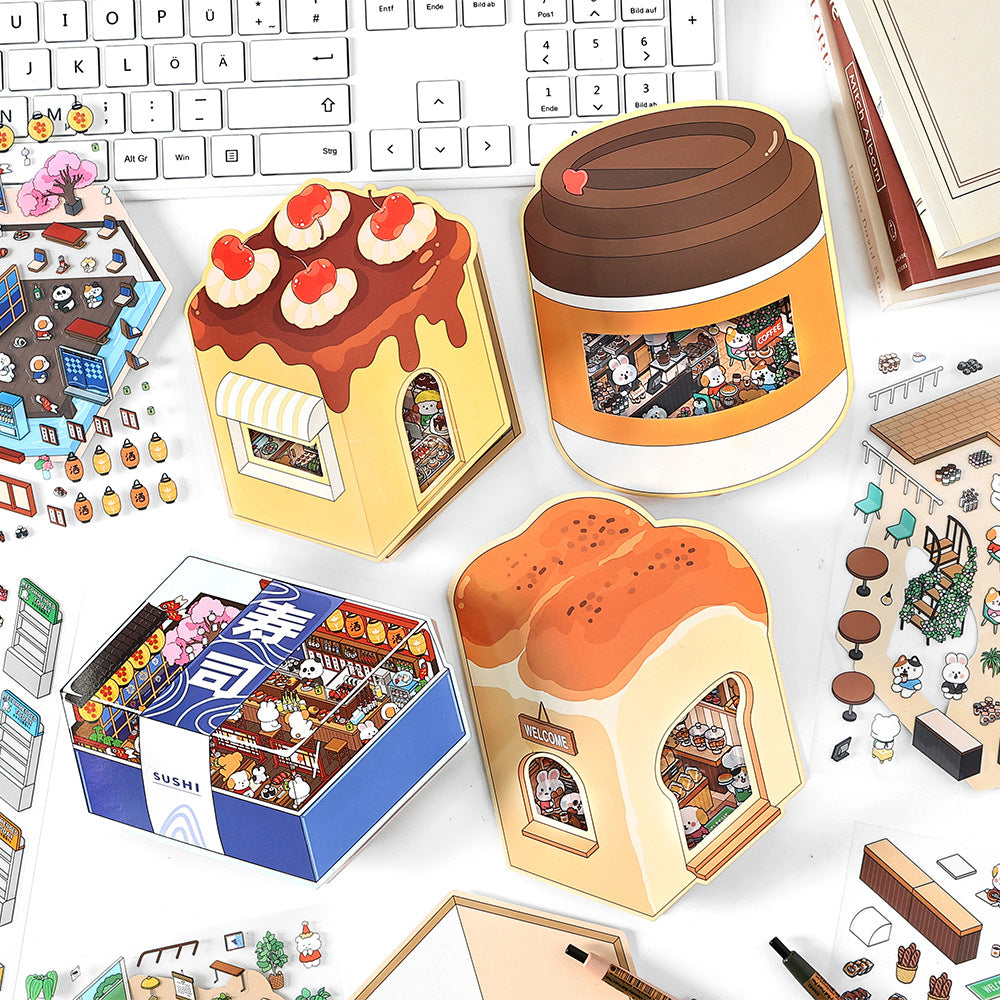 [Coffee shop+Bakery Shop + Dessert Shop + Sushi Shop] 3D Miniature Theme Scene Stickers