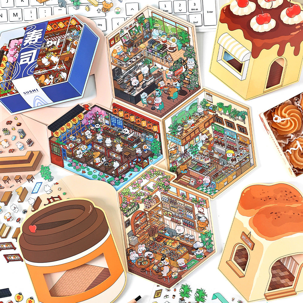 [Coffee shop+Bakery Shop + Dessert Shop + Sushi Shop] 3D Miniature Theme Scene Stickers