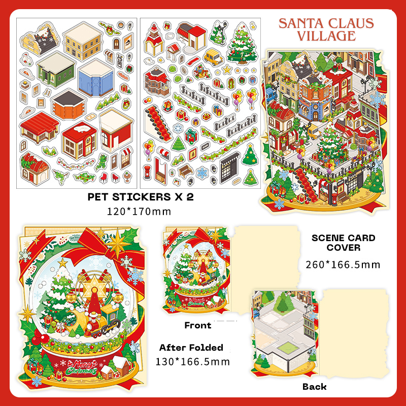 The Magic Of Santa Series | Christmas Xmas 3D Scene Stickers for DIY | Vintage Winter Village Scene Sticker for Junk Journaling