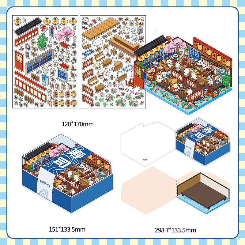 [Coffee shop+Bakery Shop + Dessert Shop + Sushi Shop] 3D Miniature Theme Scene Stickers