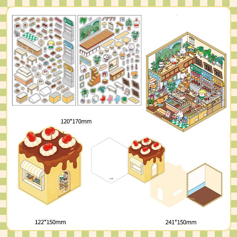 [Coffee shop+Bakery Shop + Dessert Shop + Sushi Shop] 3D Miniature Theme Scene Stickers