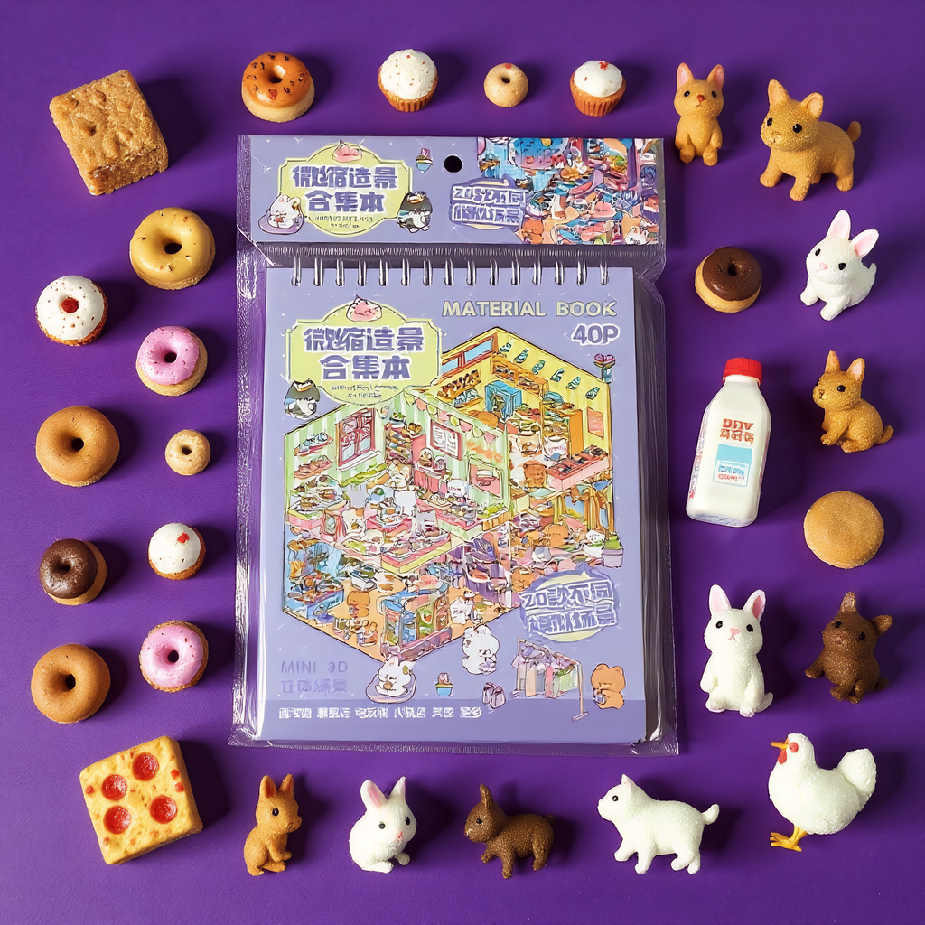 [Chill Purple Town]3D Miniature Theme Scene stickers Collection Book, Creative Crafting, Stress Relief, Ideal for DIY projects and home decor Ornaments Decorative