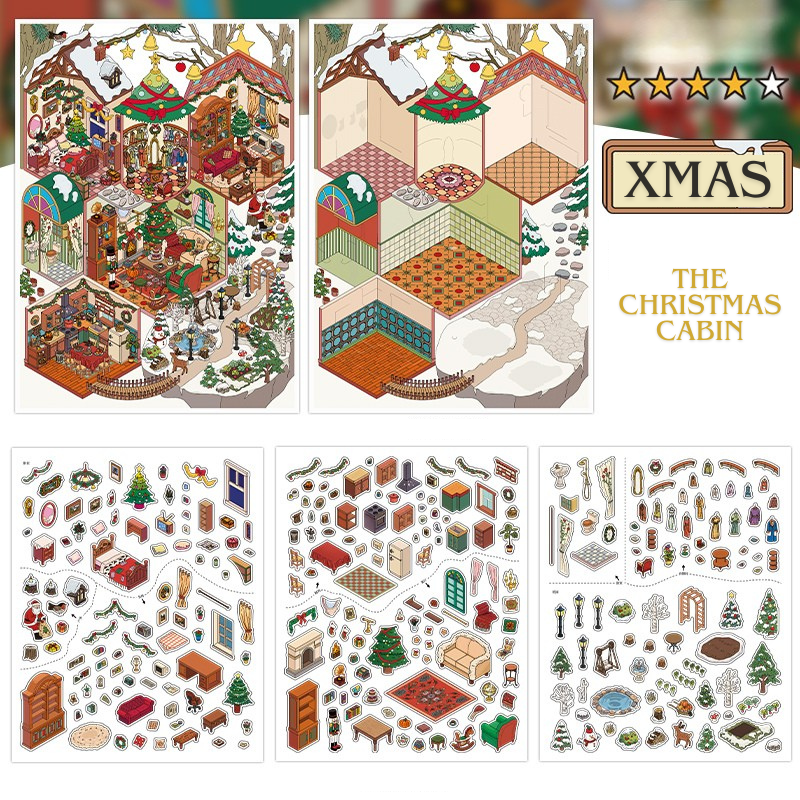 Cozy Christmas Cabin 3D Scene Stickers | Holiday Scrapbook Decals | DIY