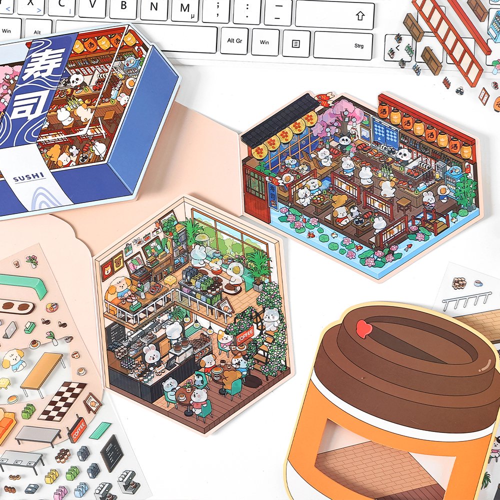 [Coffee shop+Bakery Shop + Dessert Shop + Sushi Shop] 3D Miniature Theme Scene Stickers