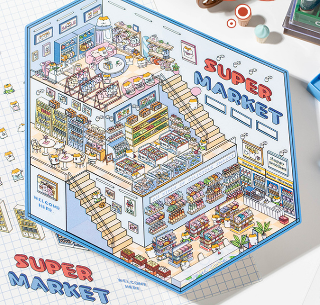 [BOOK STORE + SUPERMARKET]Miniature Scene 3D Sticker, DIY project and stress relief