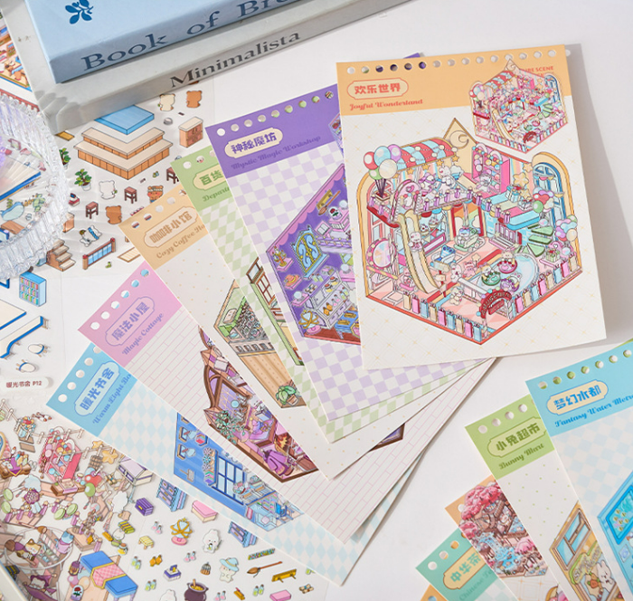 [Chill Purple Town]3D Miniature Theme Scene stickers Collection Book, Creative Crafting, Stress Relief, Ideal for DIY projects and home decor Ornaments Decorative