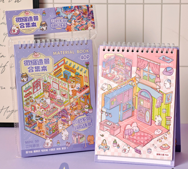 [Chill Purple Town]3D Miniature Theme Scene stickers Collection Book, Creative Crafting, Stress Relief, Ideal for DIY projects and home decor Ornaments Decorative