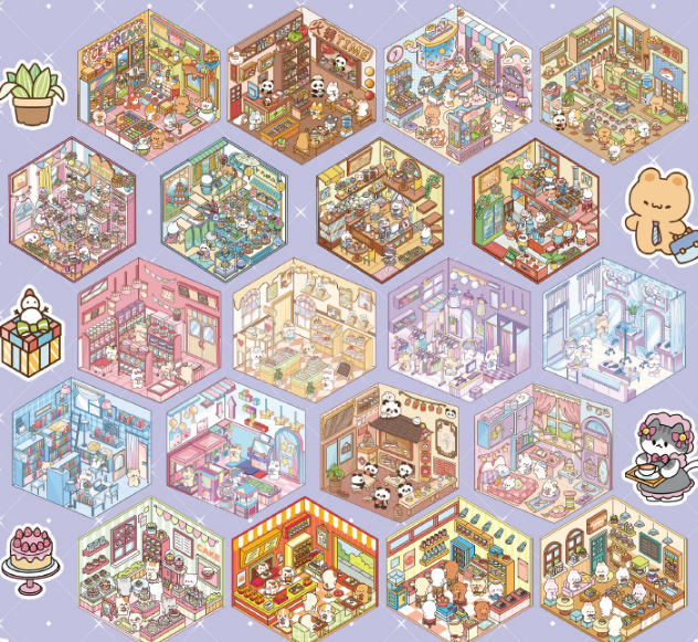 [Chill Purple Town]3D Miniature Theme Scene stickers Collection Book, Creative Crafting, Stress Relief, Ideal for DIY projects and home decor Ornaments Decorative