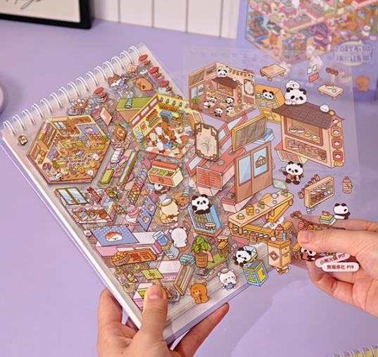 [Chill Purple Town]3D Miniature Theme Scene stickers Collection Book, Creative Crafting, Stress Relief, Ideal for DIY projects and home decor Ornaments Decorative