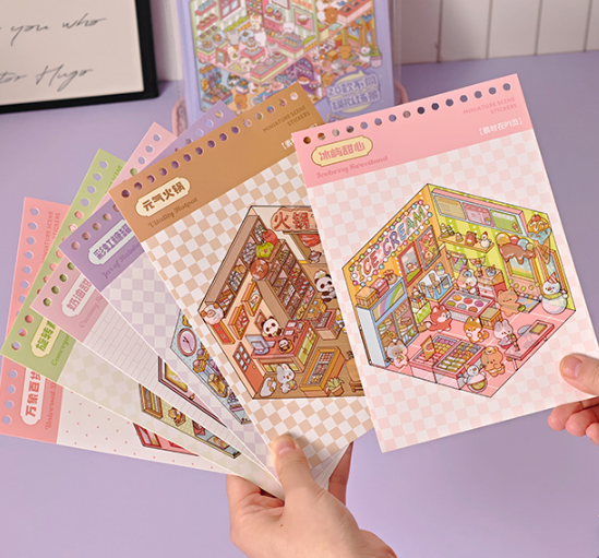 [Chill Purple Town]3D Miniature Theme Scene stickers Collection Book, Creative Crafting, Stress Relief, Ideal for DIY projects and home decor Ornaments Decorative