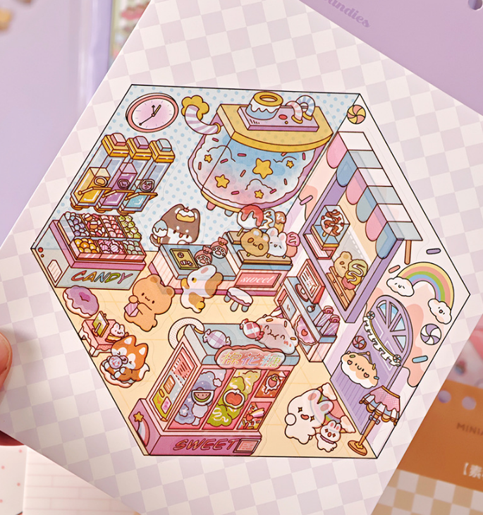 [Chill Purple Town]3D Miniature Theme Scene stickers Collection Book, Creative Crafting, Stress Relief, Ideal for DIY projects and home decor Ornaments Decorative