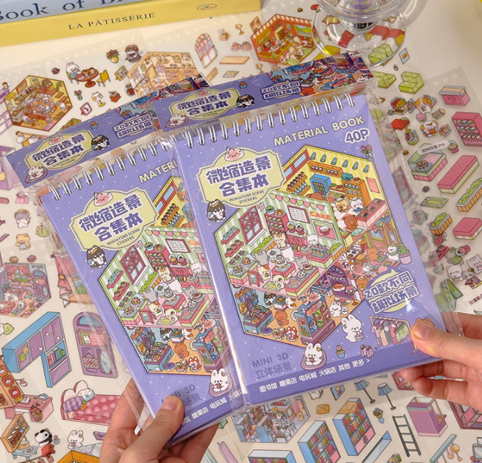 [Chill Purple Town]3D Miniature Theme Scene stickers Collection Book, Creative Crafting, Stress Relief, Ideal for DIY projects and home decor Ornaments Decorative