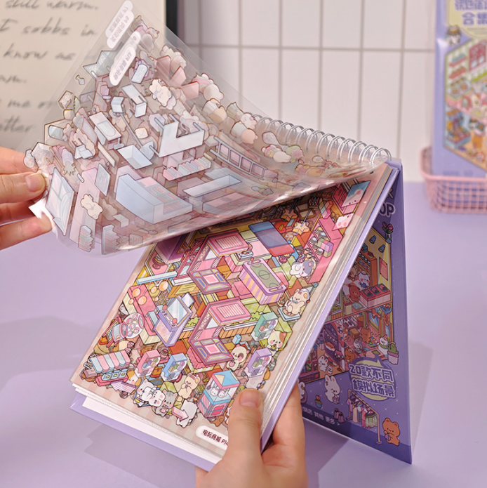 [Chill Purple Town]3D Miniature Theme Scene stickers Collection Book, Creative Crafting, Stress Relief, Ideal for DIY projects and home decor Ornaments Decorative
