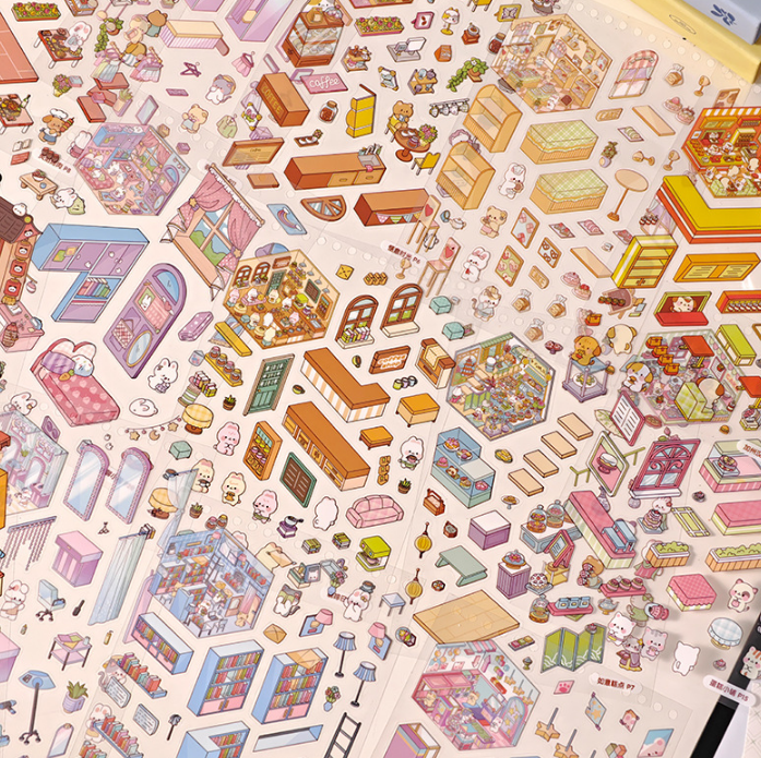 [Chill Purple Town]3D Miniature Theme Scene stickers Collection Book, Creative Crafting, Stress Relief, Ideal for DIY projects and home decor Ornaments Decorative