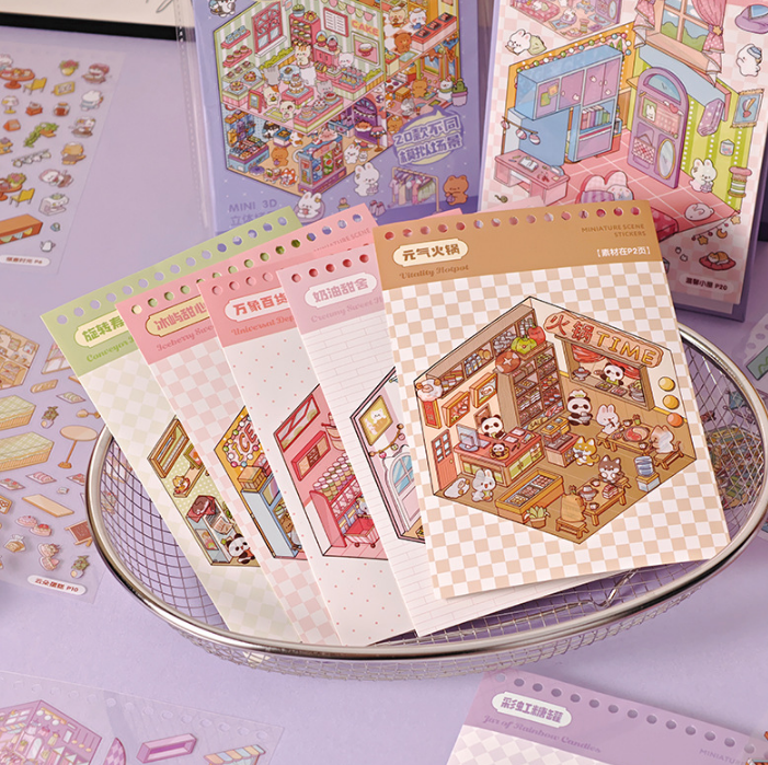 [Chill Purple Town]3D Miniature Theme Scene stickers Collection Book, Creative Crafting, Stress Relief, Ideal for DIY projects and home decor Ornaments Decorative