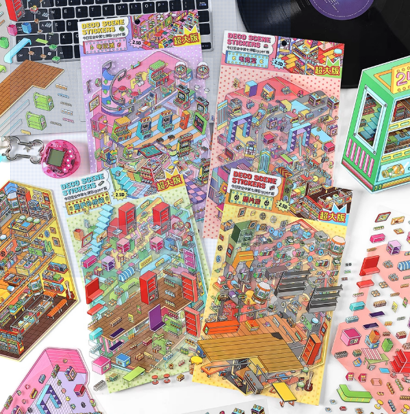 Arcades and  Music Store series 3D Miniature Theme Scene stickers Collection Book, Creative Crafting, Stress Relief, Ideal for DIY projects and home decor Ornaments Decorative