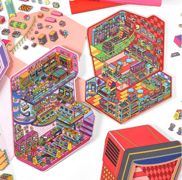 Arcades and  Music Store series 3D Miniature Theme Scene stickers Collection Book, Creative Crafting, Stress Relief, Ideal for DIY projects and home decor Ornaments Decorative