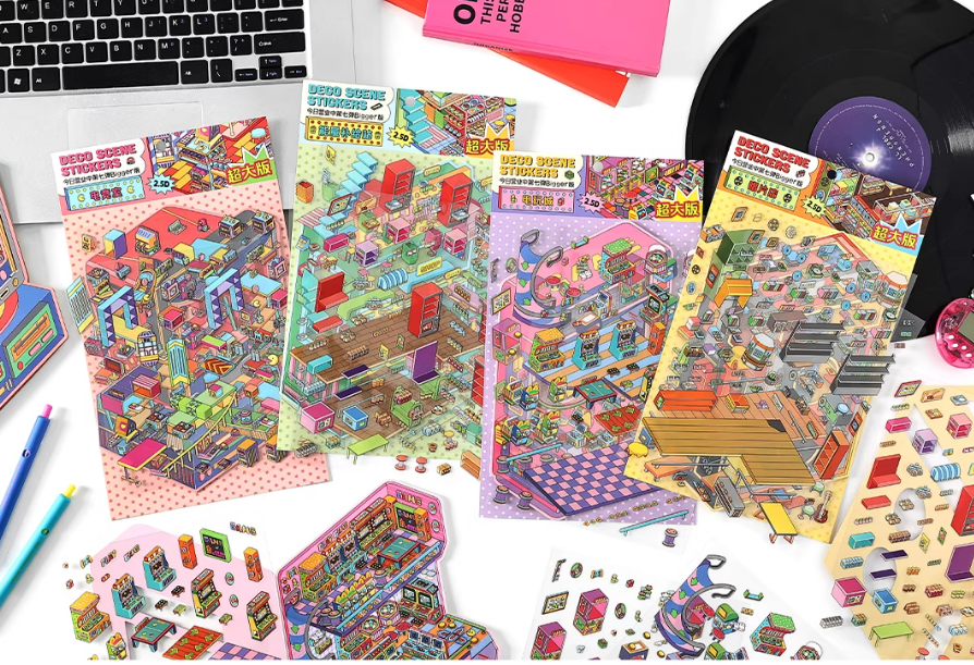 Arcades and  Music Store series 3D Miniature Theme Scene stickers Collection Book, Creative Crafting, Stress Relief, Ideal for DIY projects and home decor Ornaments Decorative