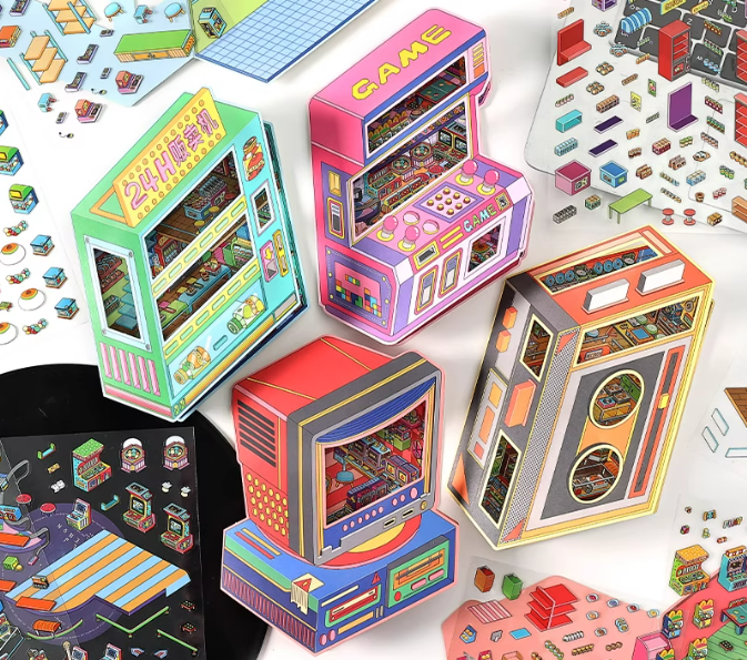 Arcades and  Music Store series 3D Miniature Theme Scene stickers Collection Book, Creative Crafting, Stress Relief, Ideal for DIY projects and home decor Ornaments Decorative
