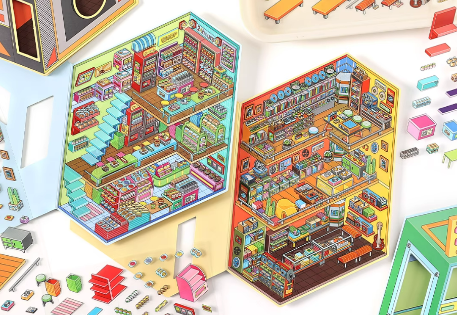Arcades and  Music Store series 3D Miniature Theme Scene stickers Collection Book, Creative Crafting, Stress Relief, Ideal for DIY projects and home decor Ornaments Decorative