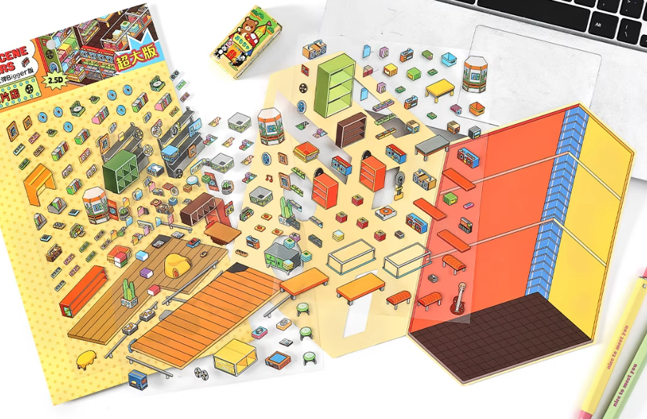 Arcades and  Music Store series 3D Miniature Theme Scene stickers Collection Book, Creative Crafting, Stress Relief, Ideal for DIY projects and home decor Ornaments Decorative