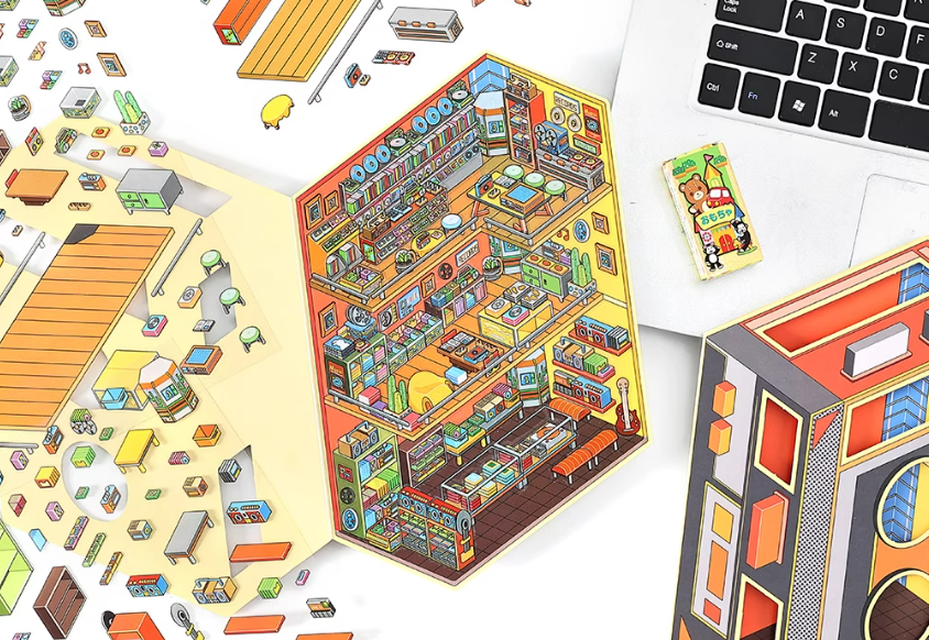 Arcades and  Music Store series 3D Miniature Theme Scene stickers Collection Book, Creative Crafting, Stress Relief, Ideal for DIY projects and home decor Ornaments Decorative
