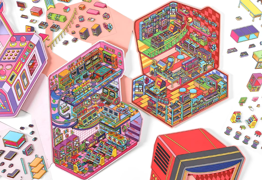Arcades and  Music Store series 3D Miniature Theme Scene stickers Collection Book, Creative Crafting, Stress Relief, Ideal for DIY projects and home decor Ornaments Decorative