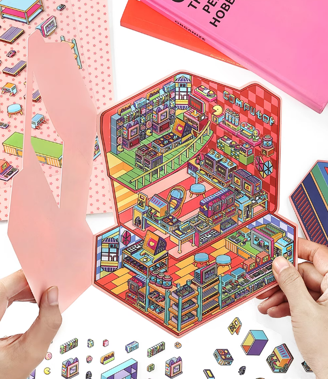 Arcades and  Music Store series 3D Miniature Theme Scene stickers Collection Book, Creative Crafting, Stress Relief, Ideal for DIY projects and home decor Ornaments Decorative
