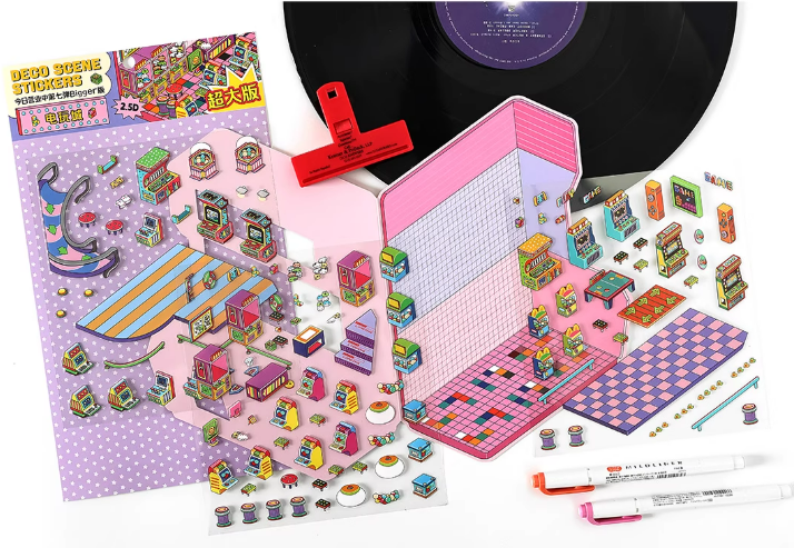 Arcades and  Music Store series 3D Miniature Theme Scene stickers Collection Book, Creative Crafting, Stress Relief, Ideal for DIY projects and home decor Ornaments Decorative