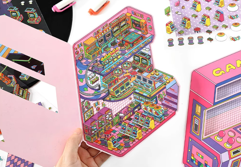 Arcades and  Music Store series 3D Miniature Theme Scene stickers Collection Book, Creative Crafting, Stress Relief, Ideal for DIY projects and home decor Ornaments Decorative