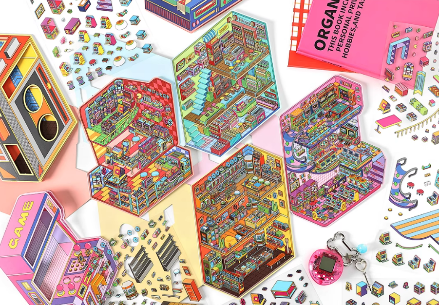 Arcades and  Music Store series 3D Miniature Theme Scene stickers Collection Book, Creative Crafting, Stress Relief, Ideal for DIY projects and home decor Ornaments Decorative