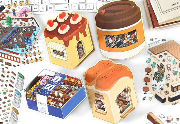 [Coffee shop+Bakery Shop + Dessert Shop + Sushi Shop] 3D Miniature Theme Scene Stickers